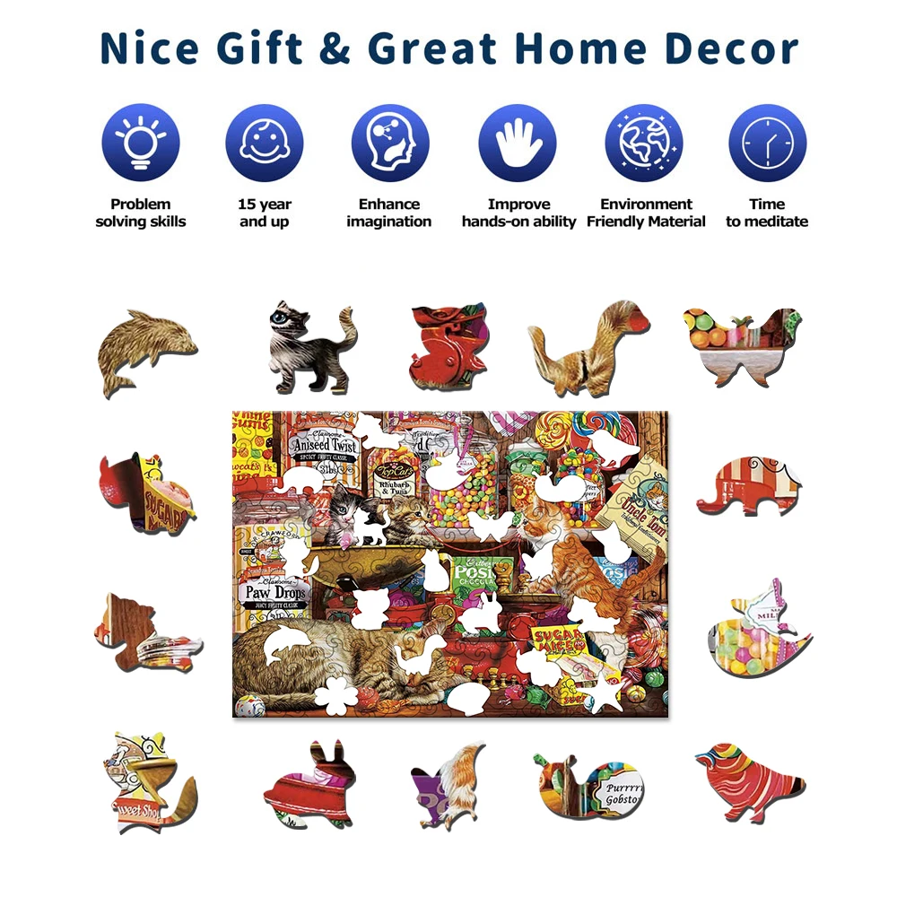 Greedy Cat-Wooden Jigsaw Puzzle Art, Unique Animal Shaped Pieces, DIY Leisure Game Fun Toy Gift Suitable Family Friends 3