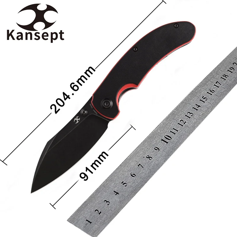 

Kansept Knives Nesstreet T1039A2 Folding Knife Black Stonewashed 154CM with Black Red G10 Karambit Maker Designed for EDC Carry