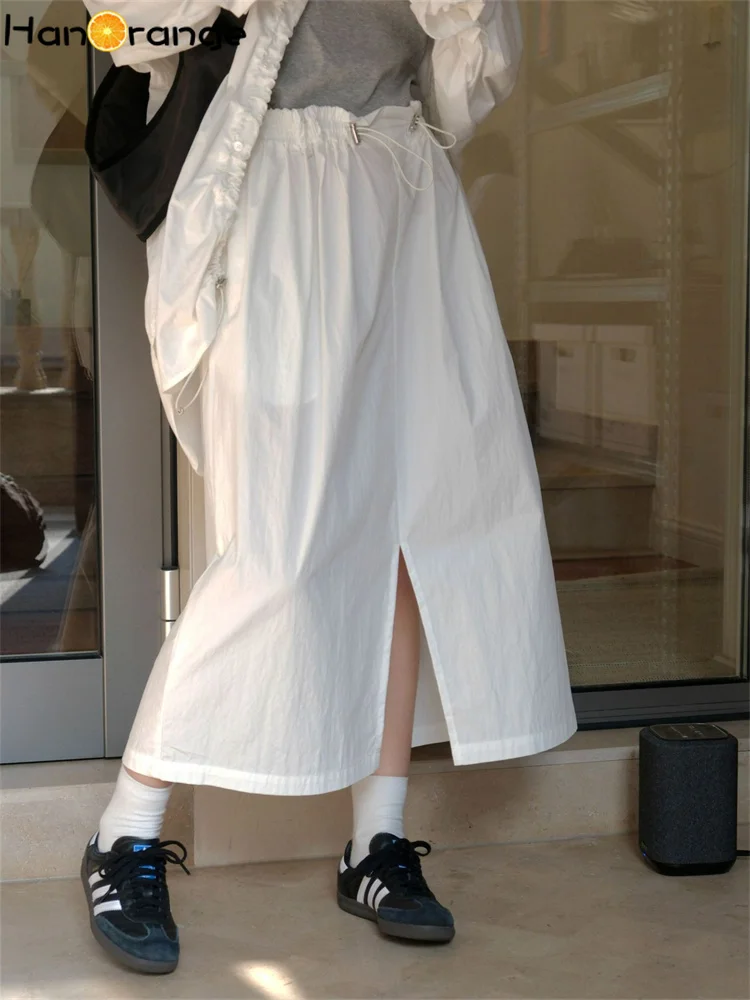 HanOrange 2024 가을 레이지 마이크로 신축성 허리 실루엣 드로스트링 스커트, 루즈 롱 스커트, 화이트 다크 커피 