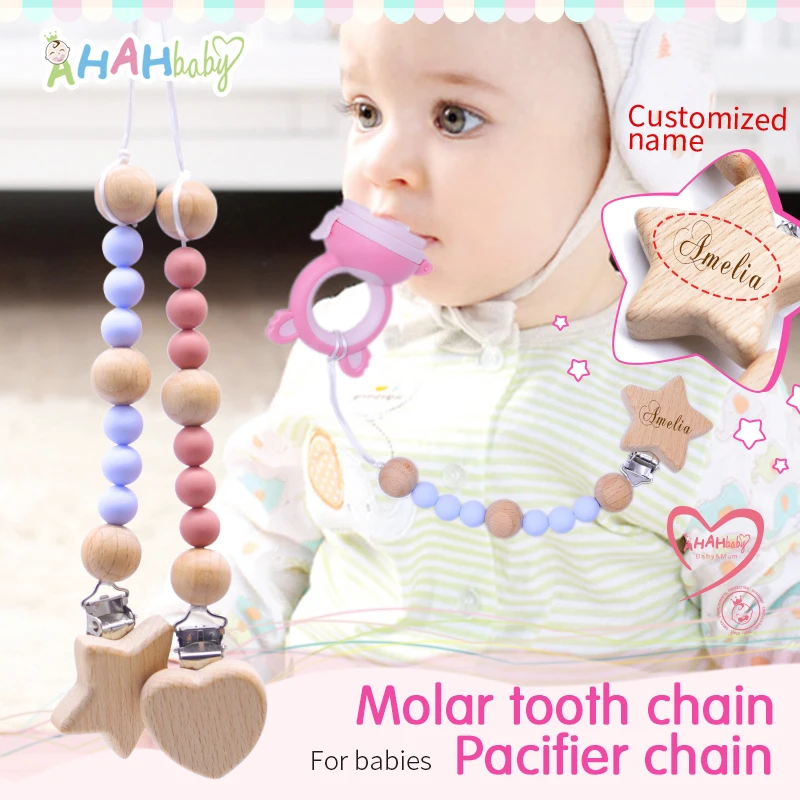 fosmeteor customized name silicone dummy pacifier clips chain big star pendant nursing teething gift for newborn baby boy girl Custom Name Pacifier Clips Baby Wood Pacifier Chain Silicone Dummy Nipple Holder for Newborn Infant Teeth Toy Personnalisé Bébé