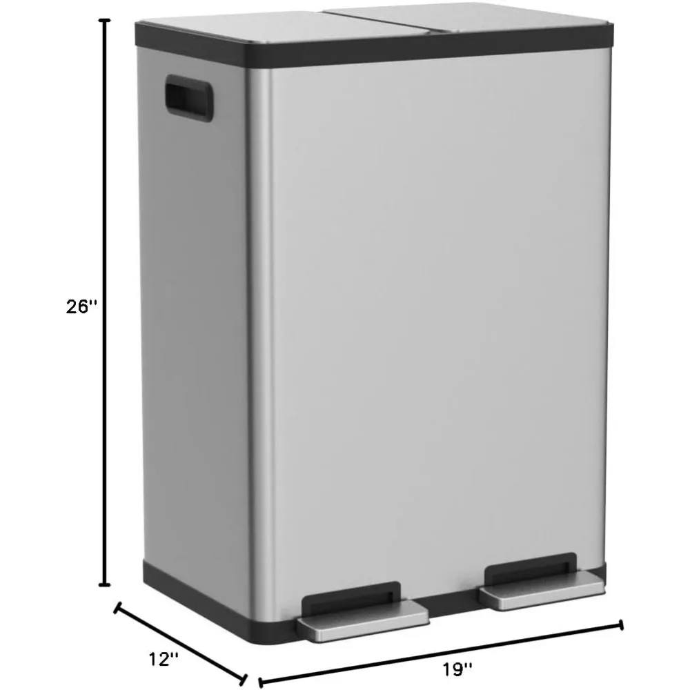 SIMPLI-MAGIC 60 Liter / 16 Gallon Rectangular Hands-Free Dual Compartment Recycling Kitchen Step Trash Can with Soft-Close Lid,