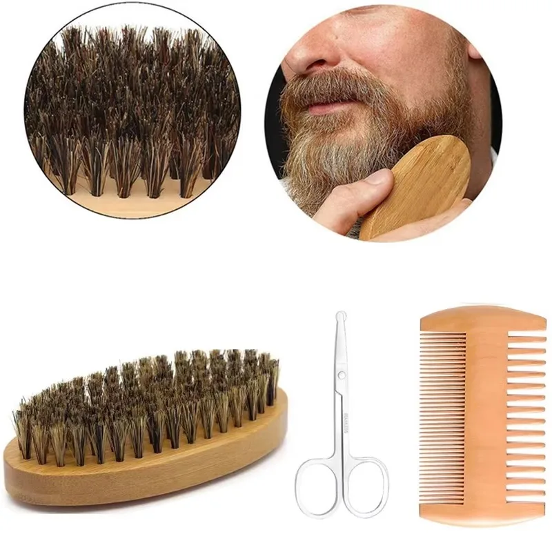 Shaving Brush Men's Boar Bristle Portable Barber Natural Beard Brush Comb Scissors Facial Cleaning Styling Tool