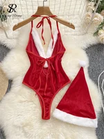 SINGREINY noël Cosplay vêtements de nuit combishort profond V ouvert entrejambe gaine body femmes Sexy tentation velours dos nu barboteuses 2