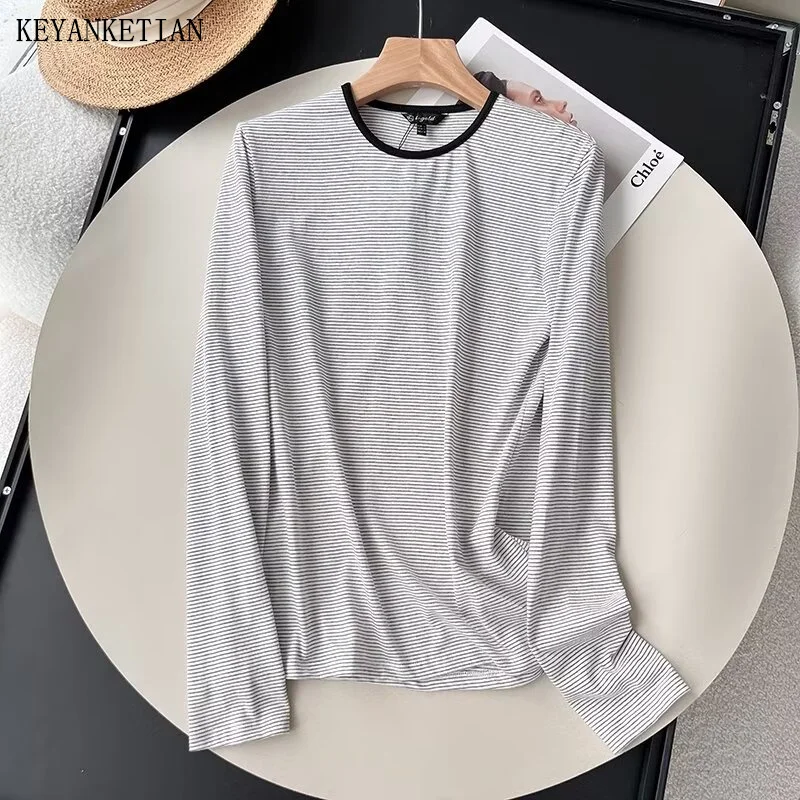 

KEYANKETIAN 2024 New Launch Women Cotton Horizontal Stripe T-shirt British style O-Neck Long Sleeve Slim Pullover Tees Crop Top