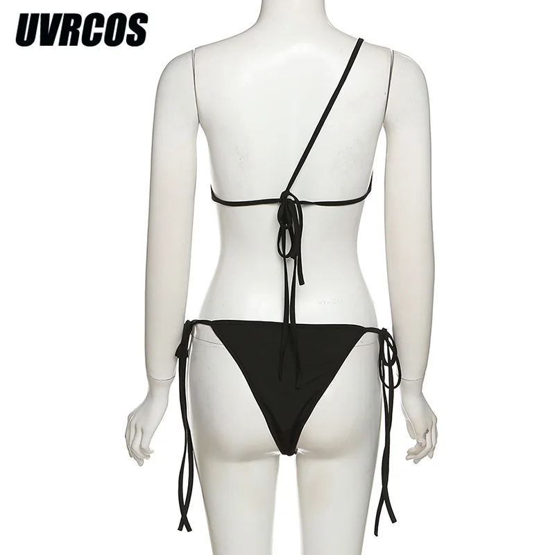 UVRCOS String Femme Sexy Patchwork 2 Piece Set Outfits Summer Beach One Shoulder Bandage Bra Tops+Sexy Panties Matching Swimsuit brown bikini set