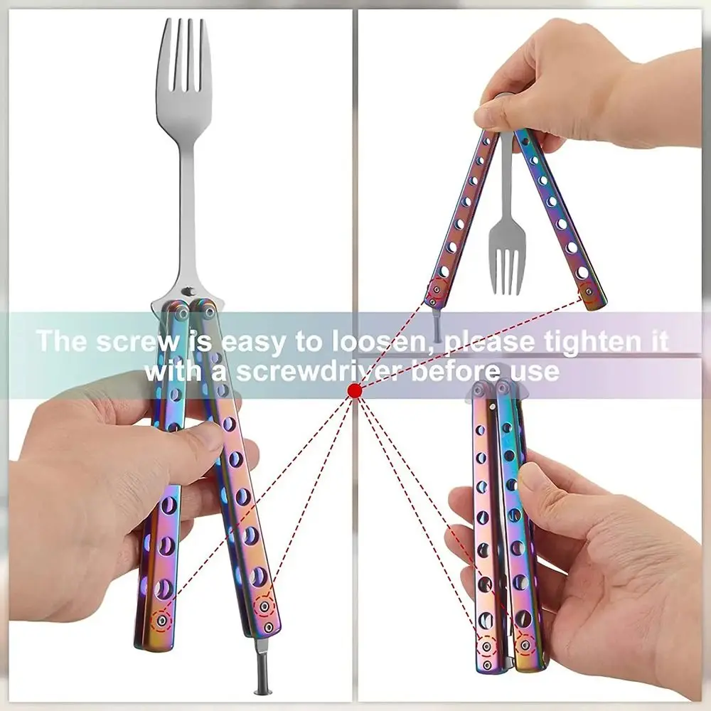 Durable Stainless Steel Butterfly Folding Spoon Fork Practice Training Outdoor Balisong Training Tool Tableware Camping