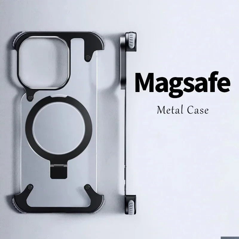 

10pcs/Aluminum Magnetic Stand Rimless Phone Case For iPhone 13 14 15 Pro Max Plus Metal Lens Phone Shell Frosted Matte Cover