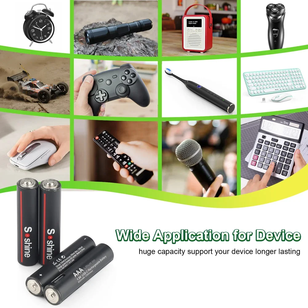 Rechargeable Lithium Batteries USB Li-ion AAA 1.5V 600mWh with 4-in-1 USB Cable for Toys Camera Flashlight