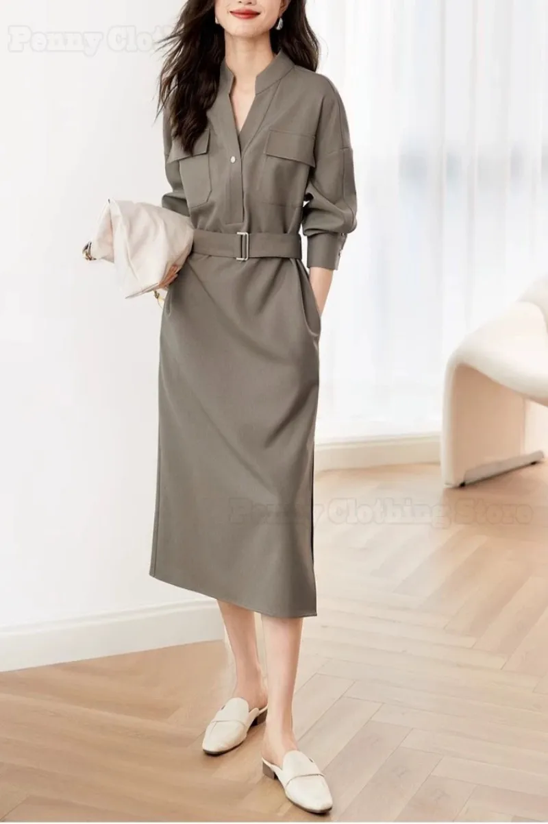 

2024 Temperament Commuting Skirt Autumn And Summer New V-Neck Waist Slimming Long-Sleeved Shirt Dress For Women