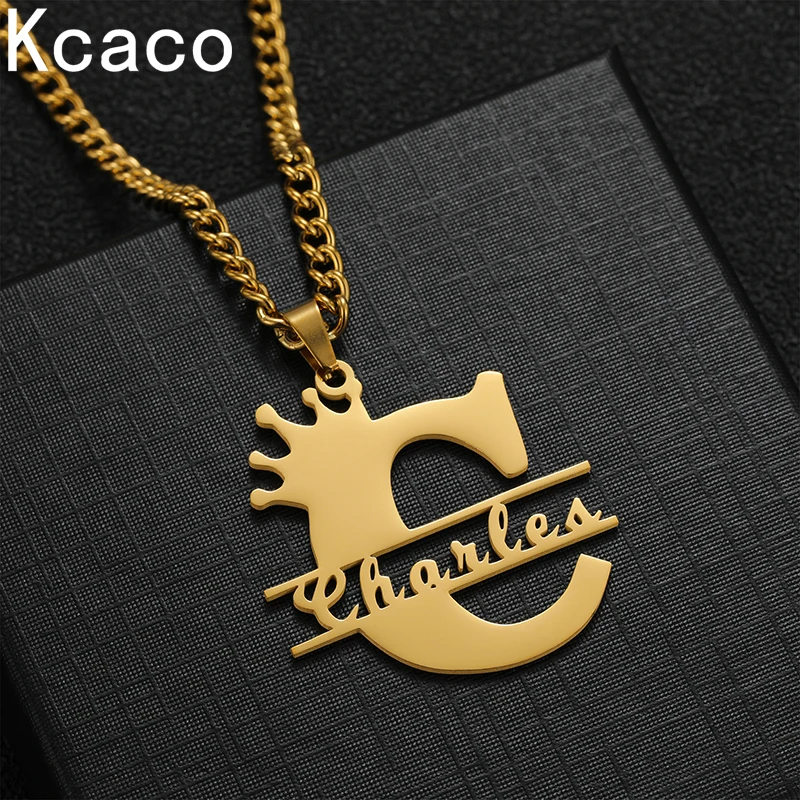 

Custom 4mm Cuban Chain Crown Name Necklace Stainless Steel Big First Letter Nameplate Choker Initial Pendant for Women Girl Gift