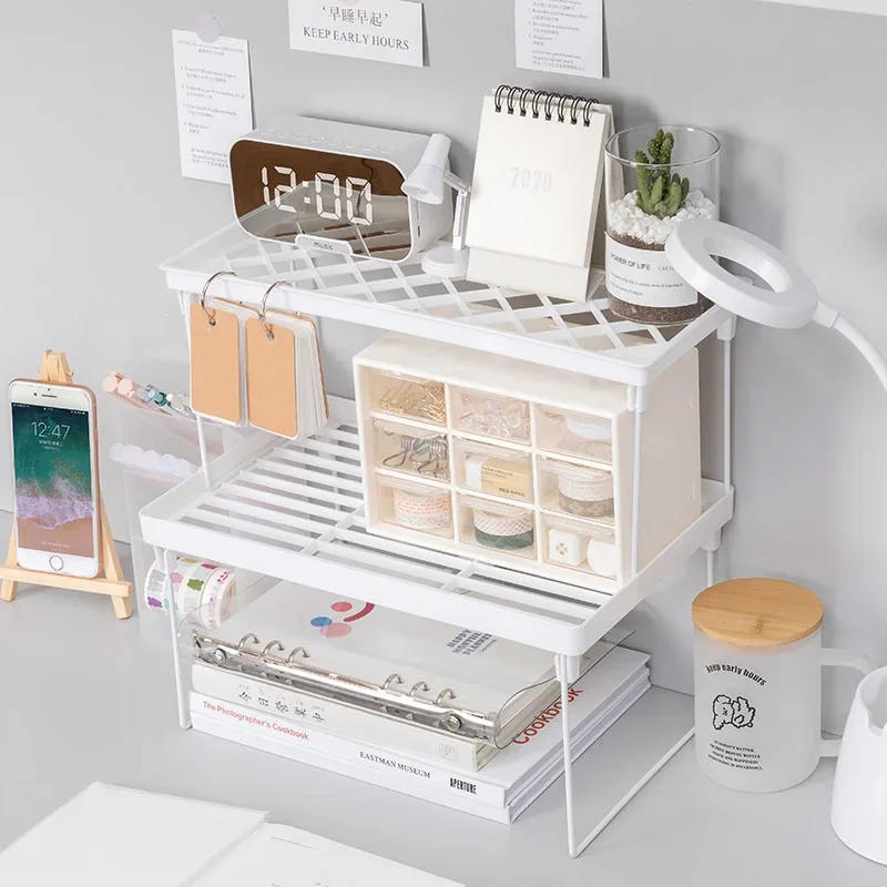 

Desk Organizer Shelf Stationery Iron Layered Rack Office School Supplies Dormitory Home Desktop Cosmetic Storage Foldable Stand