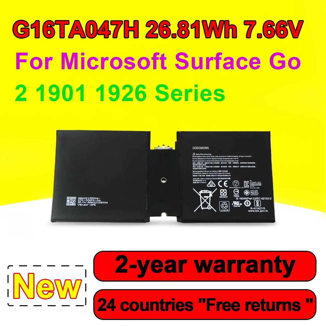 

7.66V 26.81Wh DYNU01 G16TA047H Laptop Battery For Microsoft Surface Go 2 1901 1926 Series Tablet Batteries 3500mAh Rechargeable