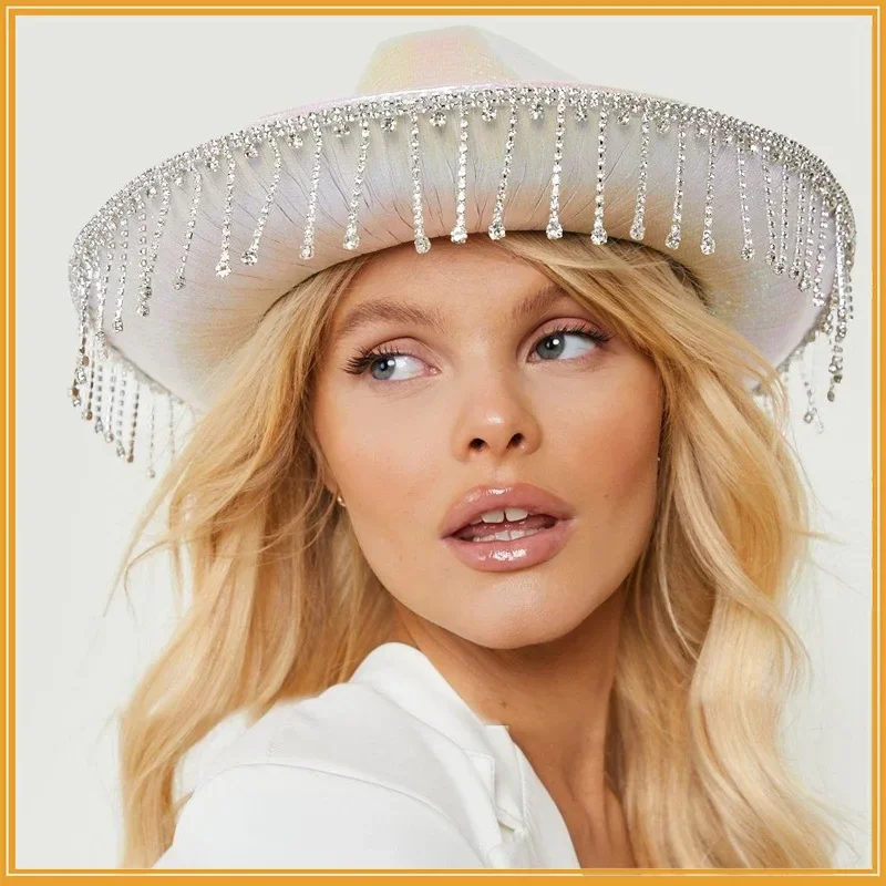 

New Fancy Color Rhinestone Tassel Hat Western Cowboy Hat Laser Tassel EVA Cowgirl Hat Rhinestone for Women Girl Western Hat