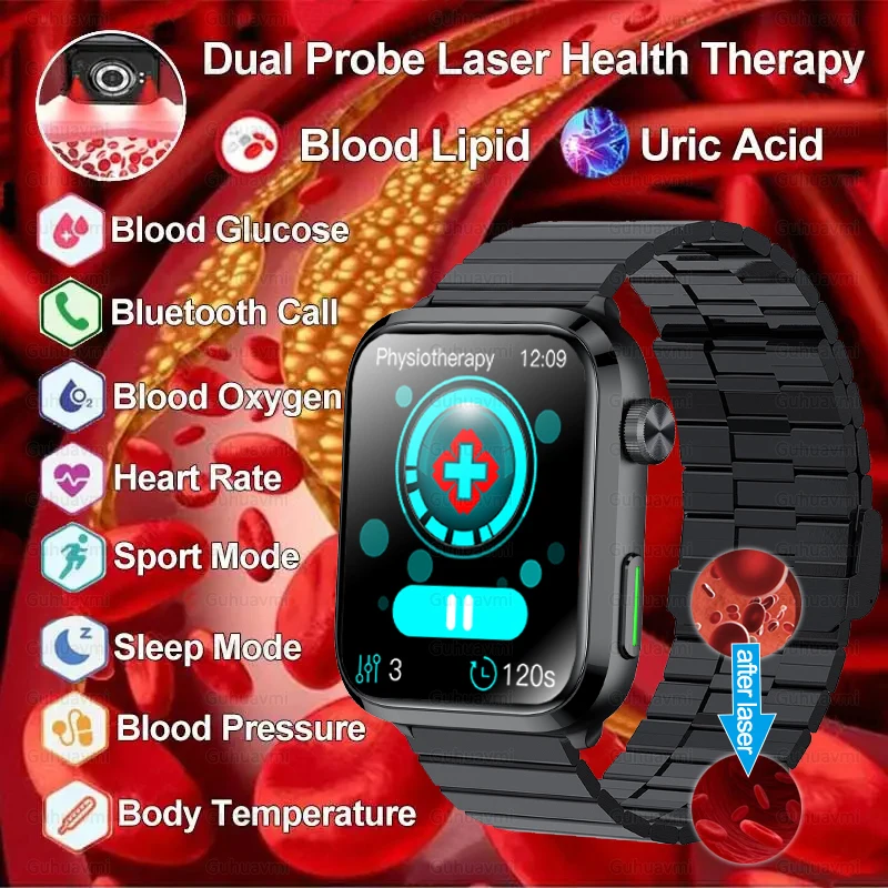 2024 New Medical Grade Laser Therapy Health Smart Watch Men Blood Glucomb Blood Lipid Temperatura Corporea Bluetooth Call Smartwatch