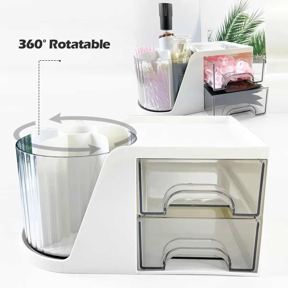 1pc 360-Degree Rotating Desk Organizer with Drawer - PET Pen Holder & Stationery Storage Box  multifunctional makeup storage box 5