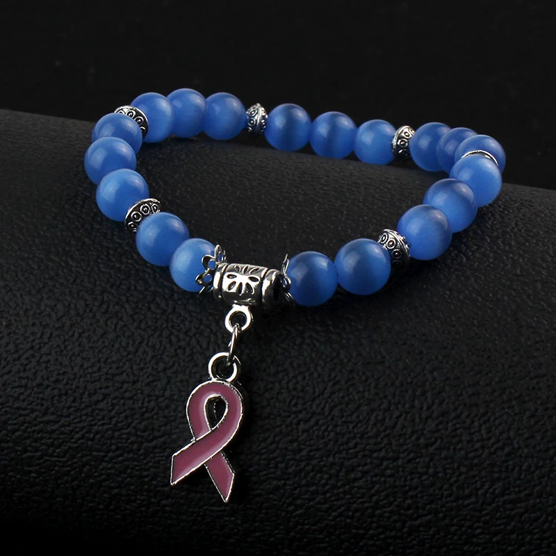 5 Color Breast Cancer Awareness Pink Ribbon Charm Bracelet 5 Color Cat Eye Opal 8mm Beads Bracelets & Bangles 6