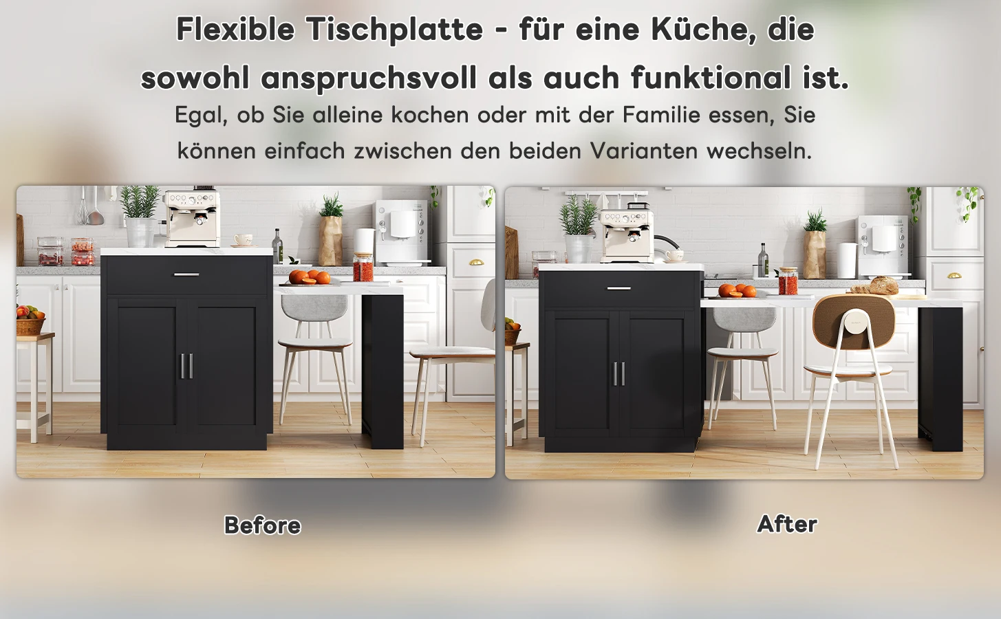 Kücheninsel mit ausziehbarem Esstisch für 4–6 Personen, zweifarbiger Design-Steckdosen-Aufbewahrungsschrank, 2 Schubladen, 2 seitlich offene Regale – Detail 4