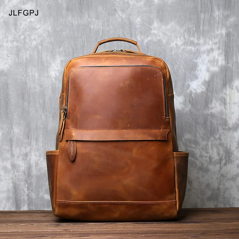Men's Vertical Genuine Leather Backpack With Retro Classic
