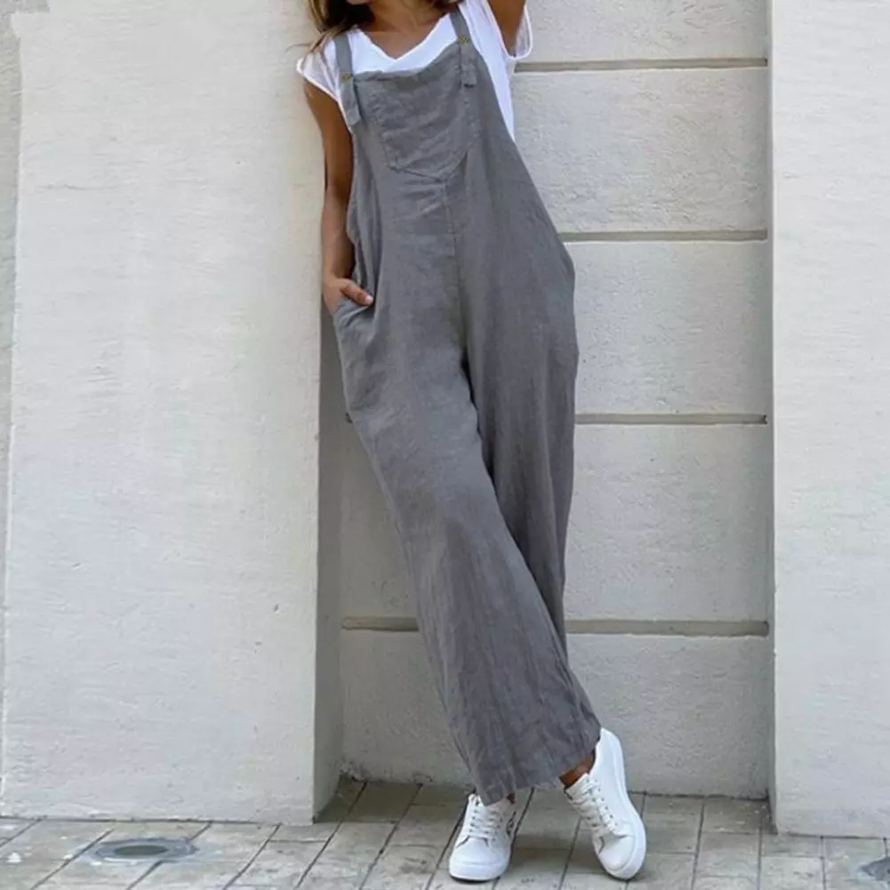 Women Summer Cotton Linen Playsuit Fashion Sleeveless Wide Leg Dungarees Solid Long Rompers Casual Comfortable Casual Jumpsuit