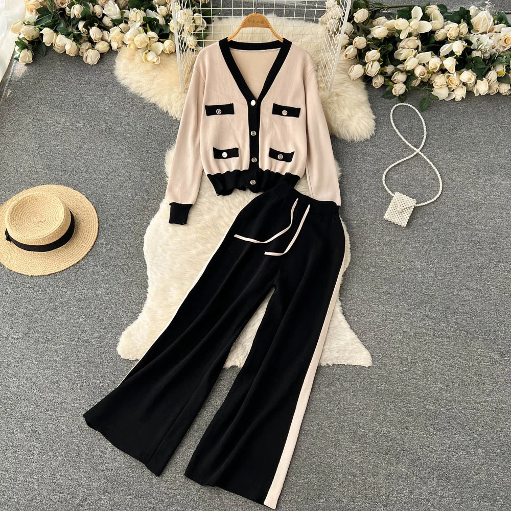 High Quality Autumn Winter Knitted Trousers Suit Women O-Neck Single  Breasted Sweater Cardigan Top + Wide Leg Pants 2 Piece Set - AliExpress