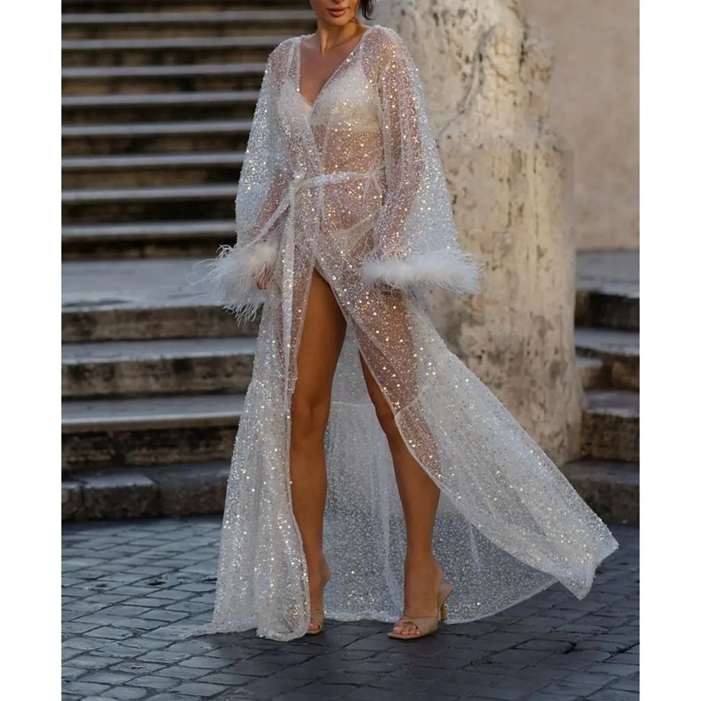 HEZIOWYUN Women's Summer Sheer Lace Nightgown Flare Long Sleeve Plush Cuff See Through Sequins Nightdress Maxi Robes with Belt