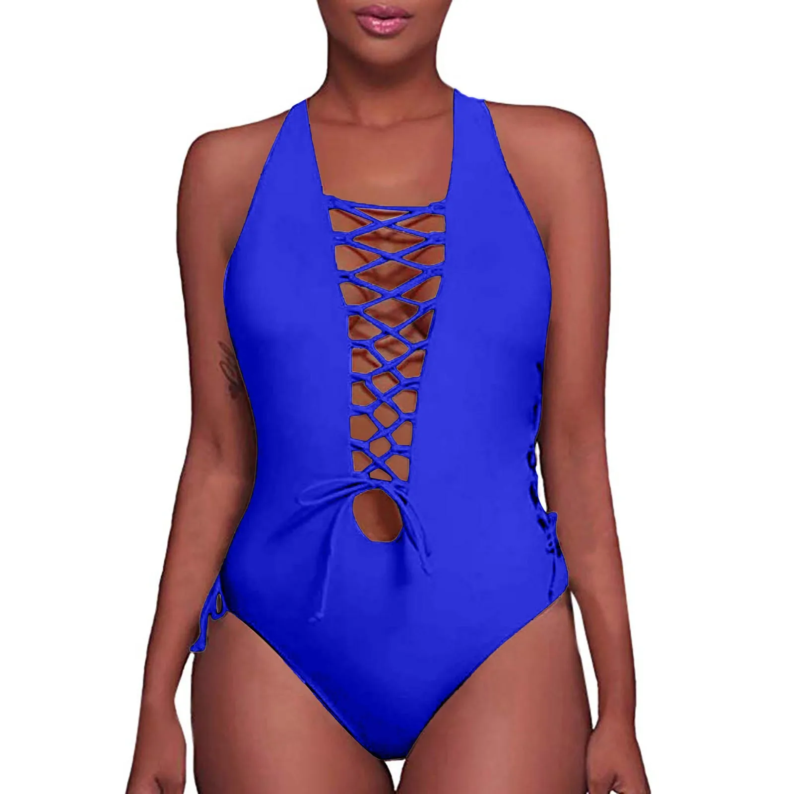 Maillots de Bain 1 Pièce Femme,Volant Dos Nu Bikini Rembourré Push Up  Taille Haute Maillot de Bain,Elegant Amincissant Bikini（Bleu）