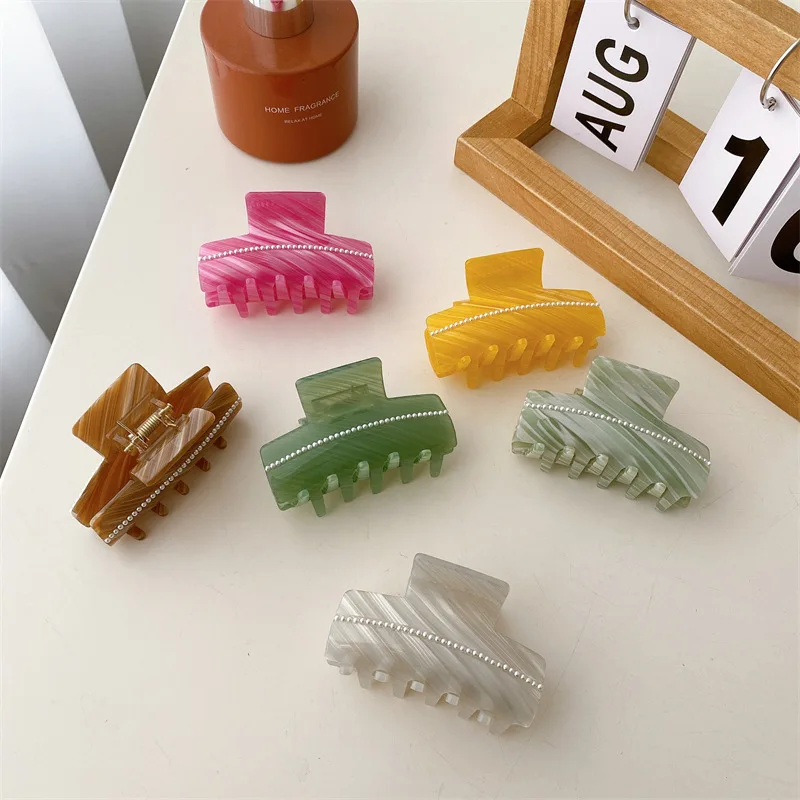 

New French Style Retro 7cm Acrylic Acetate Twill Marbled Ladies Hair Claw Clips With Pearl Elegant Hair Clip Accessories