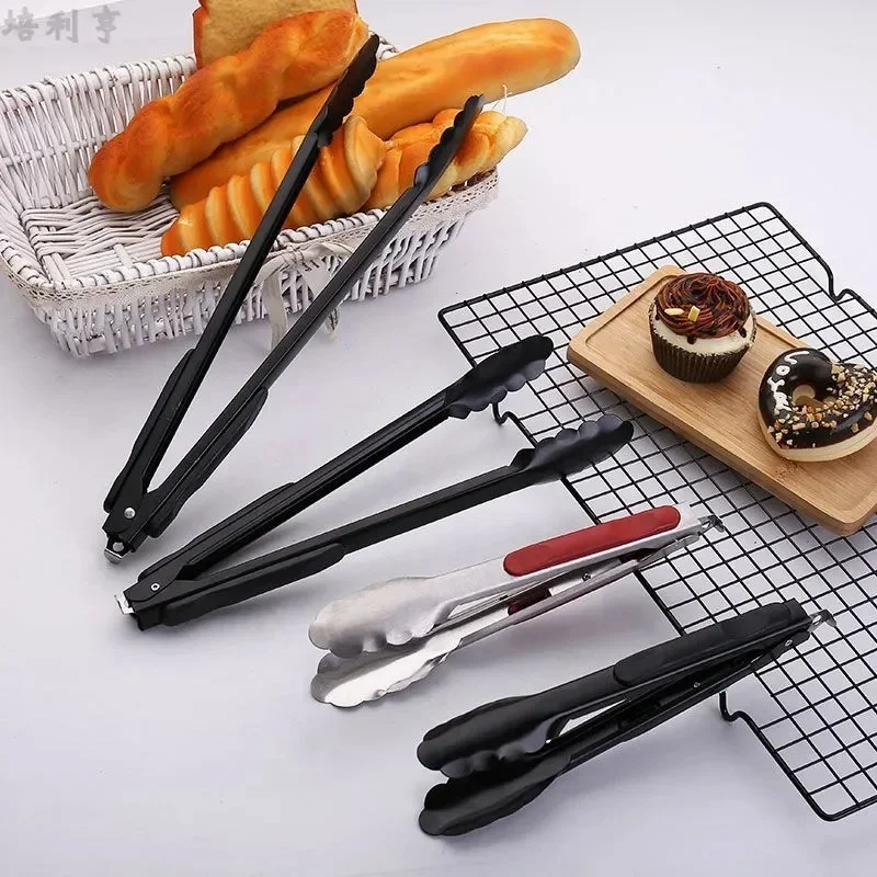 9/12/14 Inch Stainless Steel Food Tongs Barbecue Black Tong Bread BBQ Salad Tongs