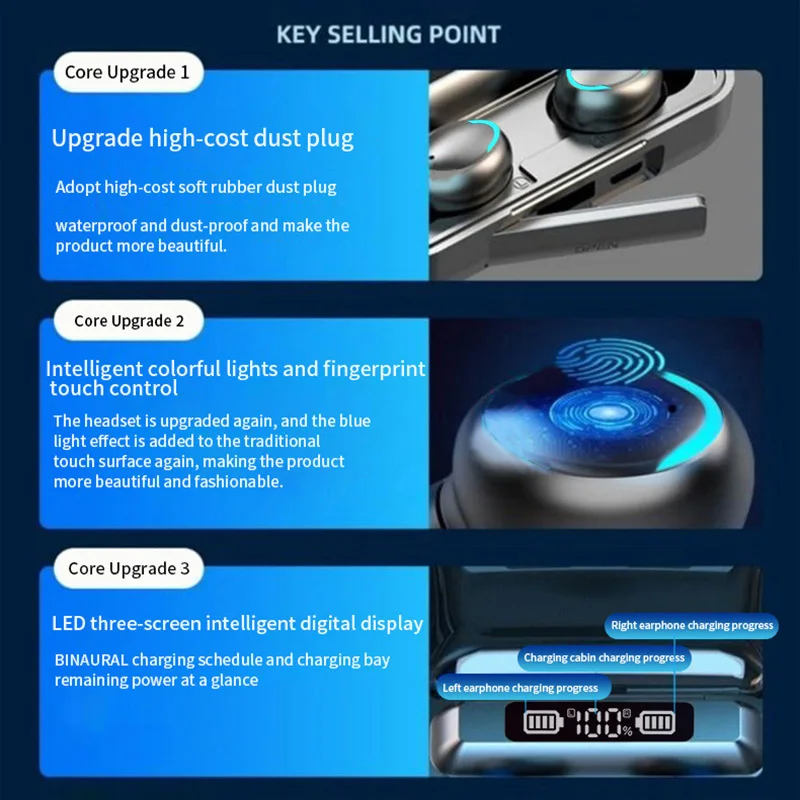 F9 Wireless Bluetooth Earphones with LED Dislpaly TWS Headset Earbuds Noise Reduction Headphones Large Capacity Charging Case