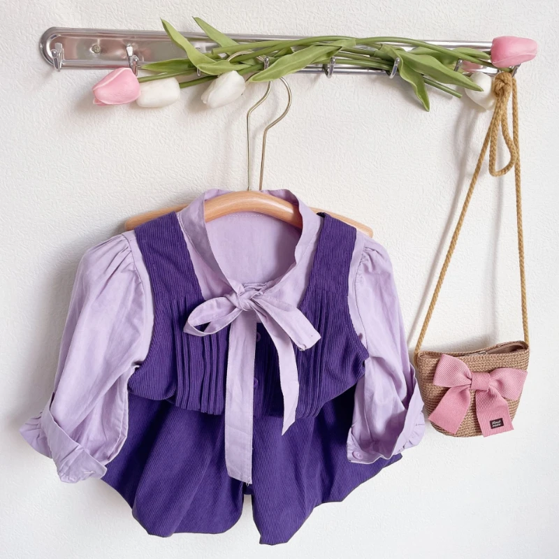 

Korean Style Girls' Set 2023 New Girls' Tie Up Stand Collar Long Sleeve Shirt+Corduroy Vest+Shorts Three Piece Girls' Cute Set