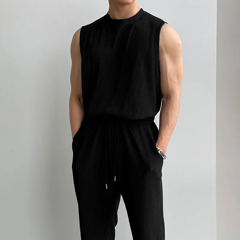 Summer Men\'s Set Korean Fashion Simple Vest Trousers Set Youth Sleeveless T-shirt Trousers Suit Sleeveless + Casual Pant Suit