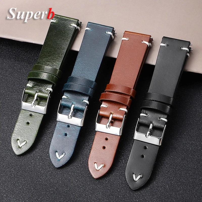Handmade Retro Oil Wax Genuine Leather Watch Strap - Quick Release Calfskin
