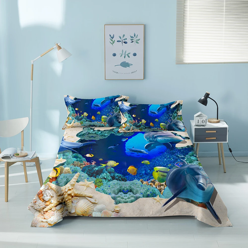 DolphinPrintBedSheetPolyesterFlatSheetSoftBreathableBedLinens