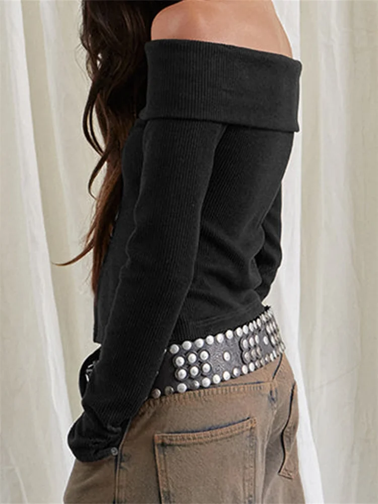 CHRONSTYLE Women Sweaters Long Sleeve Slash Neck Off-shoulder Tops Buttons Closure Solid Slim Fit Ladies Pullovers Clubwear 2025 6