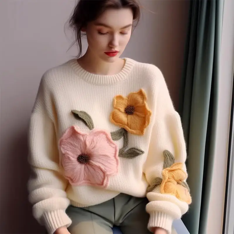 

Soft waxy contrast color sweater senior sense of gentle lazy national style flower sweater female winter