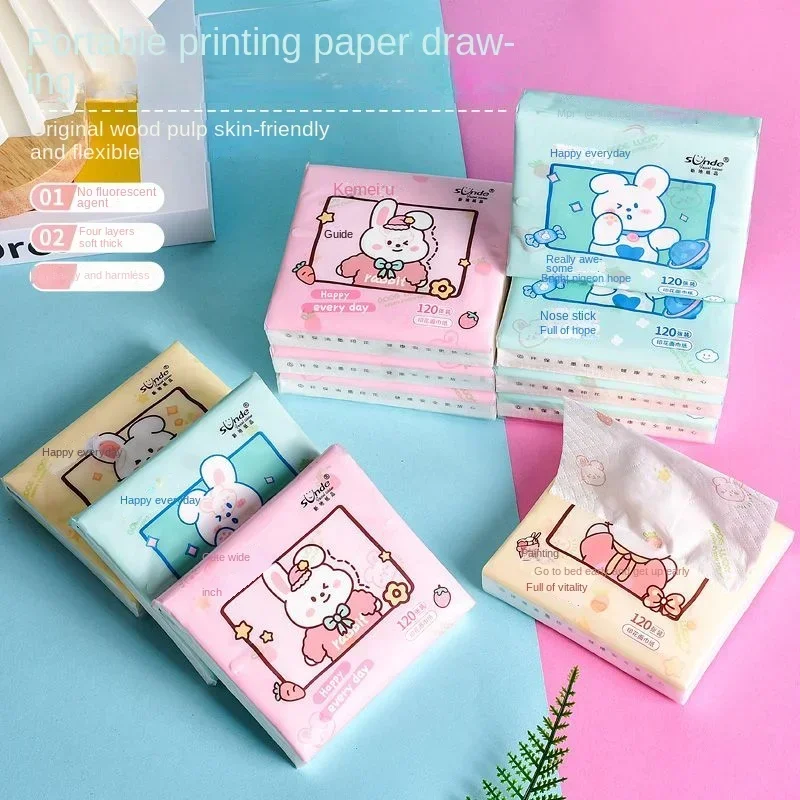 16 Packs of Cartoon Printing Handkerchiefs 4 Layers of Thickened Portable Small Packs Napkins Facial Tissues Can Be Wet Water