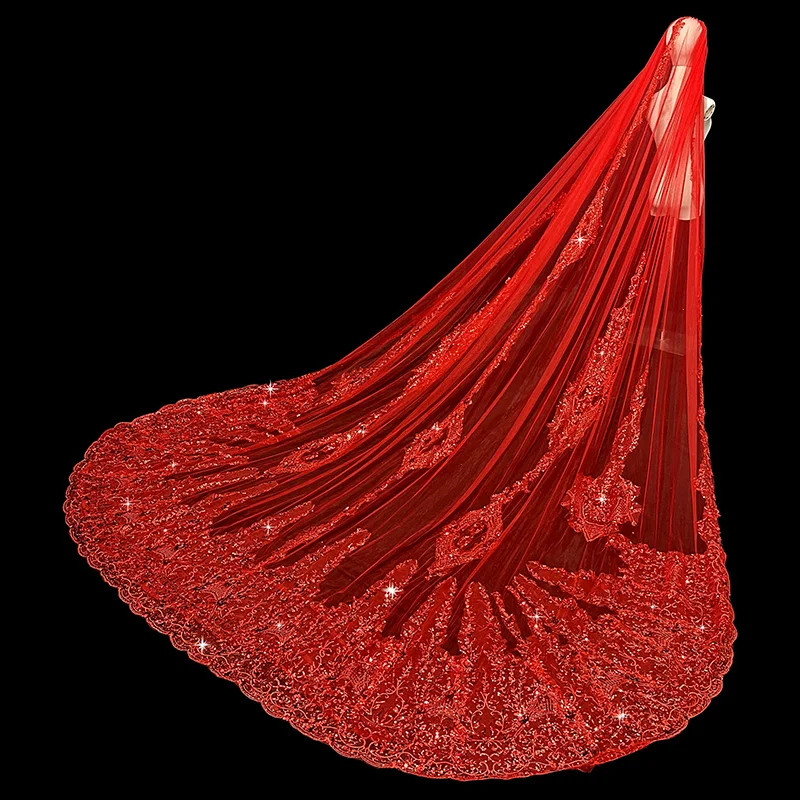 Red Veil Bridal Wedding Vintage Red Long Tail Red Bridal Veils