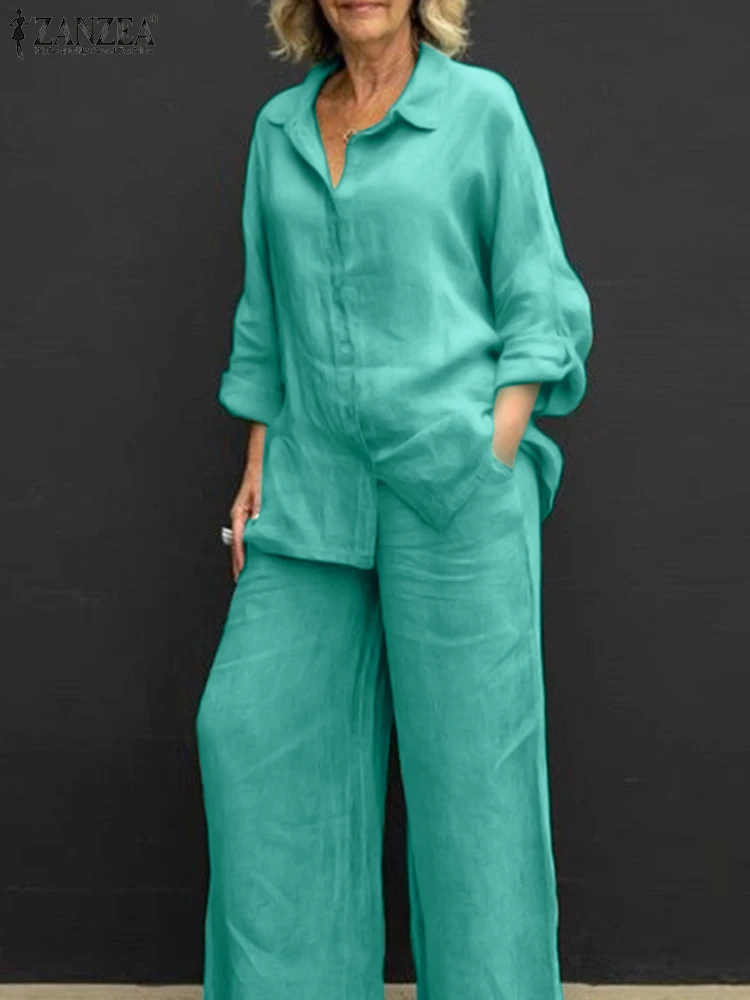 

ZANZEA Autumn Women Matching Sets Stylish Blouse Suit Lapel Neck Long Sleeve Shirt Trousers Suits Work Outfits Elegant Pant Sets