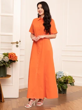 Elegant style Lapel Jacquard Solid color Embroidery Pocket Regular sleeve Long Dresses Orange Dresses 4