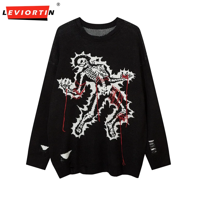 

Hip Hop Ripped Sweater Grunge Knitted Skulll Skeleton Streetwear 2024 Men Harajuku Fashion Punk Pullover