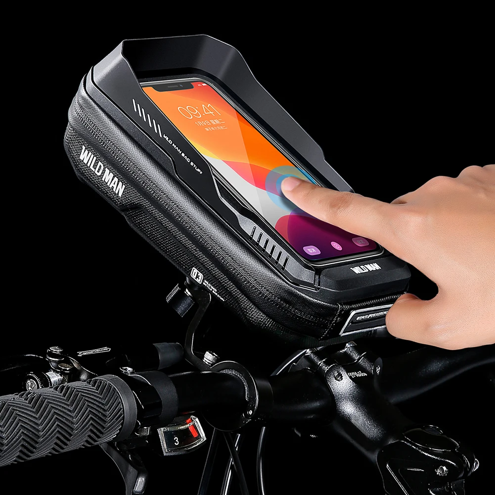 WILD MAN Bicycle Bag 0.6L Mountain Bike Hard Shell Handlebar Bag Touch Screen Waterproof Quick Release for MTB Bike Motorcycle