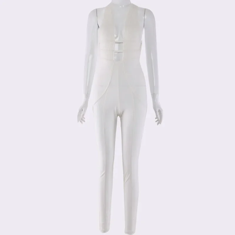 Summer Sleeveless Backless Skinny Rompers white Womens Jumpsuit Sexy Hollow Out Bodycon Jumpsuit Cotton Women Party Playsuit