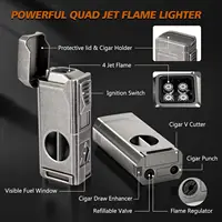 Scotte Cigar Lighter 4 Jet Flame,Refillable Butane Lighter with Cigar Cutter V Cut Cigar Punch Cigar Holder Cigar Draw Enhancer 2