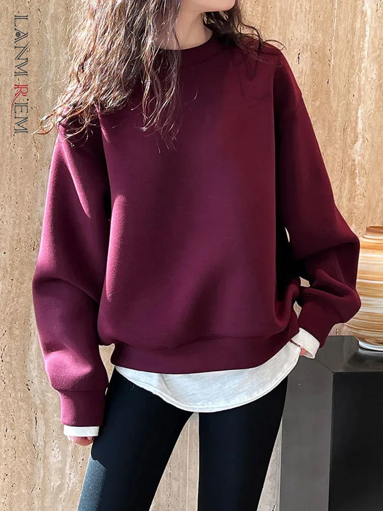 

LANMREM Casual Solid Color Sweatshirt Women Round Neck Long Sleeves Loose Pullovers Fashion 2024 Spring New Clothing 2AA4402