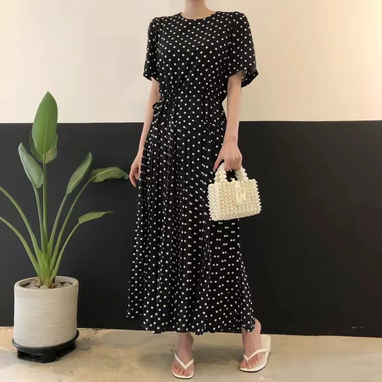 

2024 Summer Korean Polka Dot Casual Solid Color Women's Dress O-Neck Short Sleeved Drawstring Waist Pleated Skirt