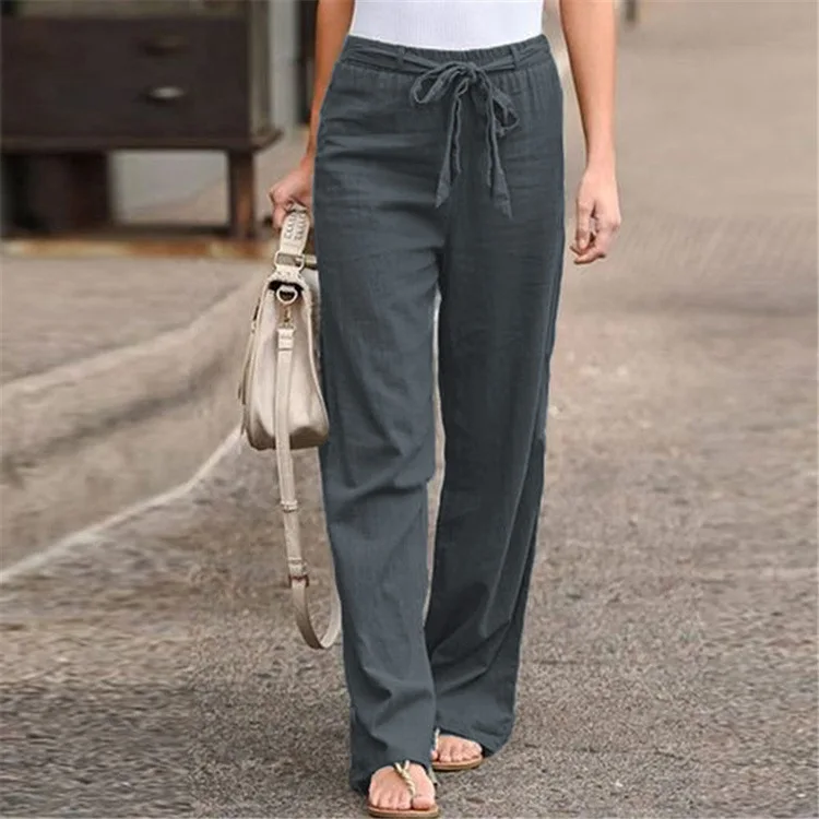 Summer New Women's Cotton Hemp Casual Wide Leg Pants Solid Color Elastic Waist Lacing Loose Pants