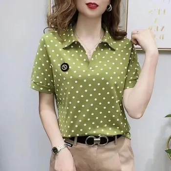 여성용 티셔츠 반팔 여름 글자 턴 다운 칼라 풀오버, 솔리드 폴카 도트 자수 폴로 캐주얼 플러스 사이즈 탑스