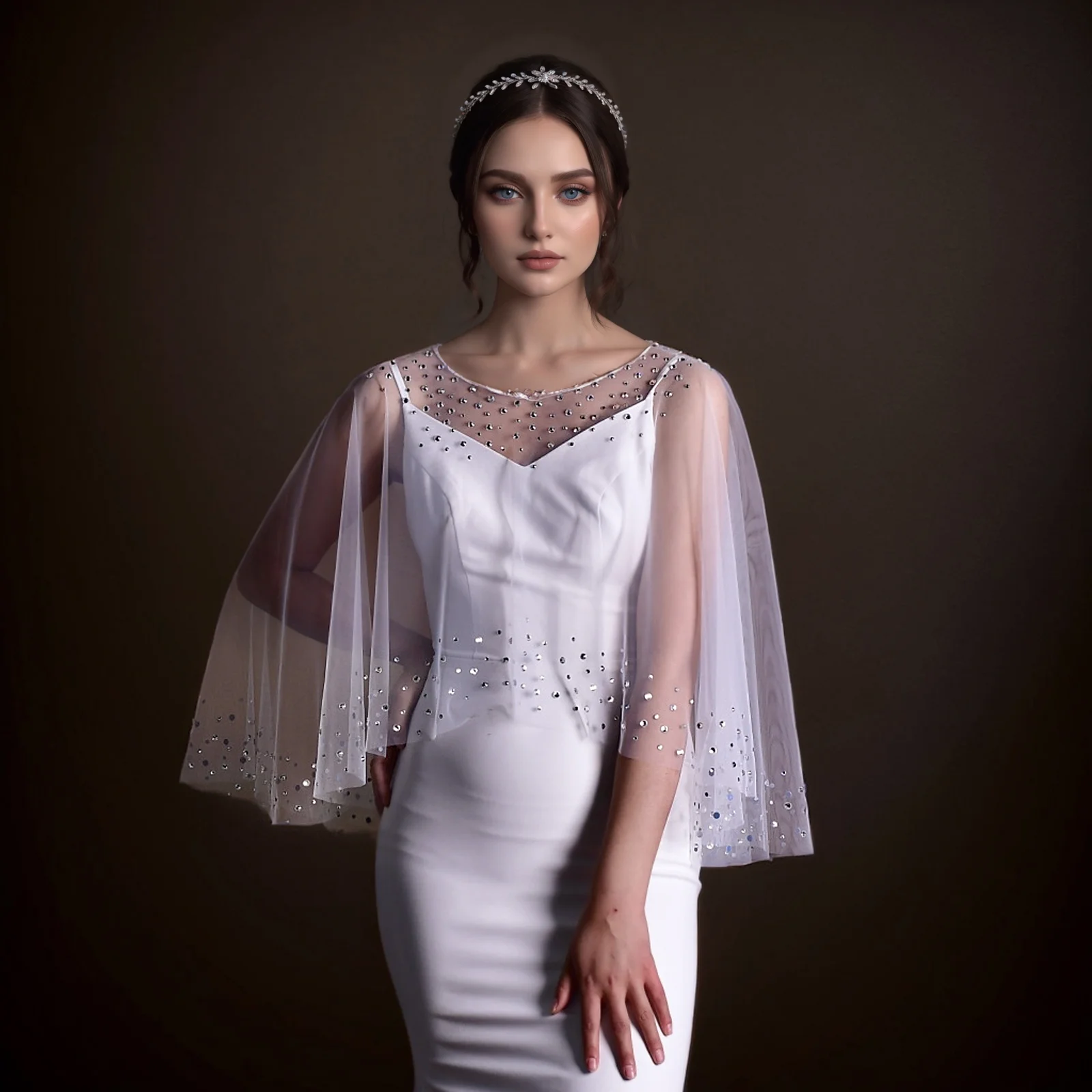 

MZB34 Sparking Bridal Boleros Jacket Rhinestone Beaded Top Wedding Wraps Women's Party Shawl Simple Wedding Accessories