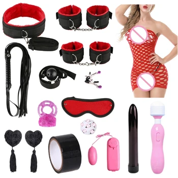 1Set BDSM Restraint Fetish Collar Handcuff Bondage Whip Vibrator Nipple Mouth Gag Eye Mask Kit Adult Sex Toys for Women 2