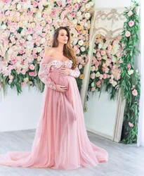 Gorgeous A Line Maternity Robes for Photography Lace Appliques Long Sleeves Pregnant Women Dresses Floor Length Babyshower Gowns